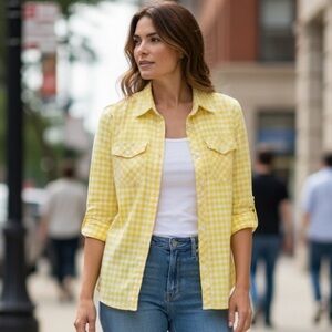 Magellan Outdoors Small S Yellow Plaid Shirt Button Front Roll Tab Long Sleeve